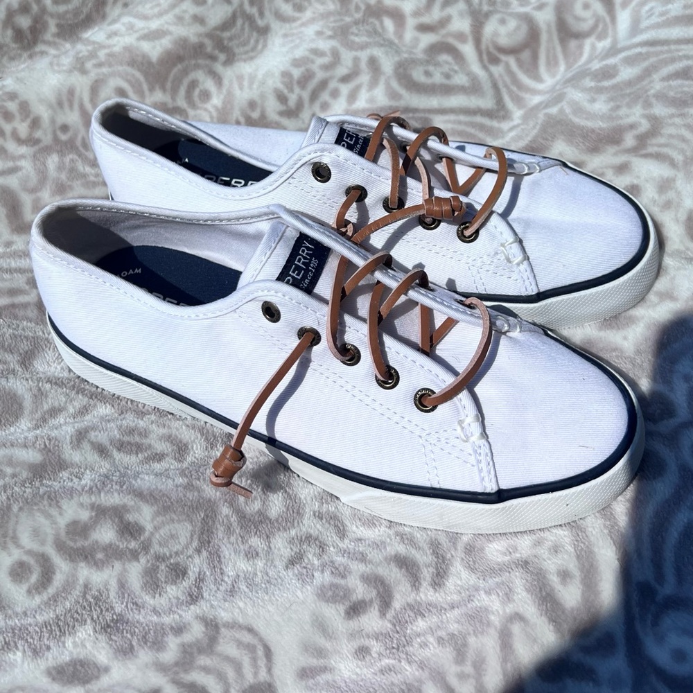 Sperry White Canvas Shoes with Tan Laces